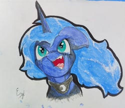 Size: 1993x1729 | Tagged: safe, artist:engi, princess luna, alicorn, pony, g4, angry, crying, ethereal mane, open mouth, sharp teeth, solo, starry mane, tears of pain, teeth, traditional art, watercolor painting