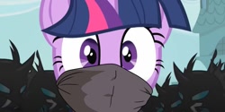 Size: 817x410 | Tagged: safe, artist:pondriar, edit, edited screencap, screencap, twilight sparkle, changeling, pony, unicorn, a canterlot wedding, g4, cloth gag, gag, kidnapped, over the nose gag, shocked, shocked expression