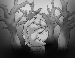 Size: 2701x2064 | Tagged: safe, artist:background basset, lyra heartstrings, pony, unicorn, g4, bust, depressing, depression, eyes closed, gray background, grayscale, high res, monochrome, simple background, solo, tree