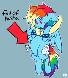 Size: 1789x2048 | Tagged: safe, artist:yumkandie, fluttershy, rainbow dash, pegasus, pony, g4, carrying, ear piercing, earring, food, jewelry, offscreen character, pasta, piercing, sad, solo focus, spiked wristband, stuffed, teary eyes, wavy mouth, wristband