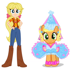 Size: 1363x1321 | Tagged: safe, artist:darlycatmake, artist:melspyrose, edit, applejack, megan williams, earth pony, human, pony, g4, clothes, cute, dress, duo, duo female, ear piercing, female, flower, flower in hair, froufrou glittery lacy outfit, happy, hat, hennin, jackabetes, looking at you, older, piercing, princess, princess applejack, simple background, smiling, smiling at you, white background