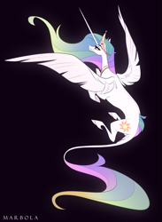 Size: 2169x2971 | Tagged: safe, artist:marbola, princess celestia, alicorn, pony, g4, black background, female, high res, horn, leonine tail, long horn, mare, missing accessory, simple background, solo, tail, unshorn fetlocks