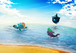 Size: 1500x1060 | Tagged: safe, artist:skyeypony, rainbow dash, spike, dragon, pegasus, pony, robot, g4, ark survival evolved, beach, cloud, crossover, day, duo, female, hln-a, male, mare, multicolored mane, multicolored tail, ocean, outdoors, sand, tail, water, wet, wet mane