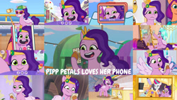 Size: 1280x721 | Tagged: safe, edit, edited screencap, editor:quoterific, screencap, glory (g5), hitch trailblazer, pipp petals, sunny starscout, zipp storm, earth pony, pegasus, pony, unicorn, a home to share, another pony's trash, clip trot, g5, my bananas, my little pony: tell your tale, neighfever, nightmare roommate, one trick pony (episode), queens for a day, sisters take flight, sunny-day dinners, the game is ahoof, zipp's flight school, spoiler:g5, spoiler:my little pony: tell your tale, spoiler:tyts01e01, spoiler:tyts01e02, spoiler:tyts01e03, spoiler:tyts01e04, spoiler:tyts01e07, spoiler:tyts01e10, spoiler:tyts01e12, spoiler:tyts01e16, spoiler:tyts01e17, spoiler:tyts01e20, spoiler:tyts01e21, spoiler:tyts01e23, :o, bag, cap, cellphone, clothes, crying, emoji, eyes closed, female, filly, fluttershy's cutie mark, flying, foal, food, frown, grin, hat, headband, heart, jewelry, laughing, male, mare, microphone, nervous, nervous smile, offscreen character, open mouth, open smile, peanut butter, phone, rainbow dash's cutie mark, regalia, saddle bag, selfie, selfie stick, smartphone, smiling, spread wings, stallion, sweat, tears of laughter, text, that pony sure does love phones, twilight sparkle's cutie mark, wet, wet mane, wet mane pipp petals, wings