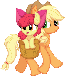 Size: 5970x6952 | Tagged: safe, artist:cyanlightning, apple bloom, applejack, earth pony, pony, g4, .svg available, absurd resolution, adorabloom, apple bloom's bow, apple sisters, applejack's hat, basket, bow, chest fluff, cowboy hat, cute, duo, ear fluff, female, filly, floppy ears, foal, hair bow, happy, hat, mare, open mouth, open smile, package, siblings, simple background, sisters, smiling, transparent background, vector