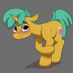 Size: 3466x3500 | Tagged: safe, artist:luxsimx, snails, pony, unicorn, g4, blushing, colt, crossed arms, crossed hooves, crossed legs, cute, eyebrows, eyebrows visible through hair, floppy ears, foal, high res, looking at you, male, purple eyes, raised hoof, short mane, short tail, smiling, smiling at you, solo, tail