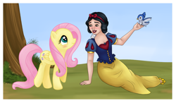 Size: 3205x1871 | Tagged: safe, artist:luciekj, fluttershy, bird, human, pegasus, pony, g4, 2014, crossover, disney, disney princess, female, mare, old art, snow white, snow white and the seven dwarfs