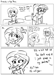 Size: 2250x3130 | Tagged: safe, artist:tjpones, sci-twi, sunset shimmer, twilight sparkle, human, comic:friends in high places, equestria girls, g4, bed, black and white, cellphone, clothes, comic, dialogue, duo, duo female, female, grayscale, high res, lesbian, monochrome, panties, phone, ponytail, ship:sci-twishimmer, ship:sunsetsparkle, shipping, simple background, smartphone, underwear, white background, wholesome