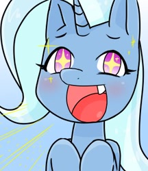 Size: 320x370 | Tagged: safe, artist:batipin, trixie, pony, unicorn, g4, :d, blushing, cute, cute little fangs, diatrixes, fangs, female, happy, mare, open mouth, open smile, smiling, solo, starry eyes, wingding eyes