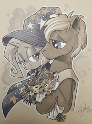 Size: 738x1000 | Tagged: safe, artist:andy price, trixie, oc, oc:mark wells, pony, unicorn, fanfic:off the mark, g4, 2019, bouquet of flowers, cape, clothes, duo, hat, trixie's cape, trixie's hat