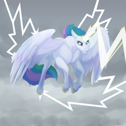 Size: 1200x1200 | Tagged: safe, artist:foxenawolf, oc, oc only, oc:mark wells, alicorn, pony, alicorn oc, flying, frown, gritted teeth, hooves, horn, lightning, not celestia, solo, spread wings, teeth, unshorn fetlocks, wings