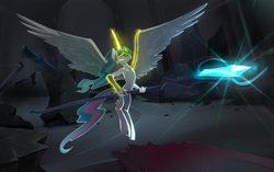 Size: 1500x940 | Tagged: safe, artist:skyeypony, oc, oc:mark wells, alicorn, anthro, fanfic:off the mark, glowing, glowing horn, horn, not celestia, solo, spread wings, staff, staff of sacanas, wings