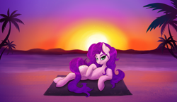 Size: 7439x4318 | Tagged: safe, artist:olala, oc, oc only, oc:centerfold, crystal pony, earth pony, pony, absurd resolution, beach, crystal pony oc, earth pony oc, eyebrows, eyebrows visible through hair, female, green eyes, lidded eyes, looking at you, lounging, lying down, mare, not pipp petals, ocean, on side, palm tree, purple hair, sand, smiling, smiling at you, solo, sun, sunset, towel, tree, water