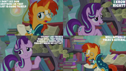 Size: 1280x720 | Tagged: safe, edit, edited screencap, editor:quoterific, screencap, starlight glimmer, sunburst, pony, unicorn, g4, season 6, the crystalling, duo, duo male and female, eyes closed, female, glasses, male, mare, open mouth, open smile, smiling, stallion, text