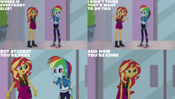 Size: 1280x720 | Tagged: safe, edit, edited screencap, editor:quoterific, screencap, rainbow dash, sunset shimmer, human, a fine line, equestria girls, equestria girls series, g4, clothes, converse, cutie mark on clothes, duo, duo female, female, geode of empathy, geode of super speed, hand on hip, hoodie, jewelry, leather, leather vest, magical geodes, necklace, open mouth, open smile, shoes, smiling, sneakers, text, vest