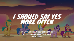 Size: 1280x720 | Tagged: safe, edit, edited screencap, editor:quoterific, screencap, hitch trailblazer, izzy moonbow, pipp petals, sunny starscout, zipp storm, earth pony, pegasus, pony, unicorn, g5, my little pony: tell your tale, zipp's yes day, spoiler:g5, spoiler:my little pony: tell your tale, spoiler:tyts01e22, beach, cutie mark, eyes closed, female, glowing, glowing cutie mark, grin, male, mane five, mane stripe sunny, mare, open mouth, open smile, smiling, spread wings, stallion, sunset, text, wings