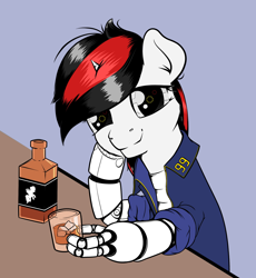 Size: 1880x2044 | Tagged: safe, artist:dacaoo, oc, oc only, oc:blackjack, cyborg, pony, unicorn, fallout equestria, fallout equestria: project horizons, alcohol, amputee, artificial hands, clothes, cybernetic legs, fanfic art, horn, jumpsuit, small horn, solo, vault suit, whiskey, wild pegasus whisky