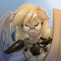 Size: 1500x1500 | Tagged: safe, artist:darksittich, oc, oc only, pegasus, anthro, floppy ears, freckles, glasses, gun, handgun, pistol, solo