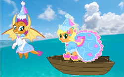 Size: 1280x806 | Tagged: safe, artist:darlycatmake, applejack, smolder, dragon, earth pony, pony, g4, boat, clothes, cute, dragoness, dress, duo, duo female, female, froufrou glittery lacy outfit, happy, jackabetes, ocean, princess, princess applejack, princess smolder, puffy sleeves, smiling, smolderbetes, water