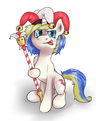 Size: 783x987 | Tagged: safe, artist:darksittich, oc, oc only, pony, unicorn, jester, simple background, solo, staff, tongue out, transparent background