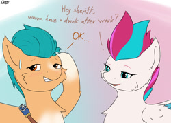 Size: 1400x1000 | Tagged: safe, artist:tx547, hitch trailblazer, zipp storm, earth pony, pegasus, pony, g5, blushing, cheek fluff, dialogue, duo, female, grin, looking at someone, looking away, male, mare, nervous, nervous smile, ship:stormblazer, shipping, shy, smiling, stallion, straight, sweat, sweatdrop