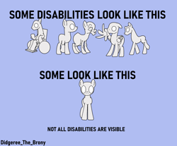 Size: 1482x1229 | Tagged: safe, artist:didgereethebrony, earth pony, pegasus, pony, unicorn, g4, amputee, autism, autism spectrum disorder, broken horn, broken wing, disabled, elderly, emotionless eyes, horn, mental disability, mental illness, wheelchair, wings