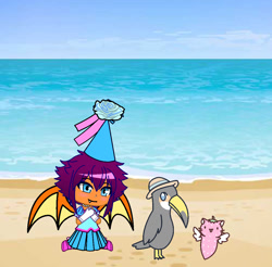 Size: 1151x1134 | Tagged: safe, artist:darlycatmake, smolder, bird, cat, toucan, g4, :3, amazed, beach, clothes, cute, dress, froufrou glittery lacy outfit, gacha life, gloves, happy, hat, hennin, long gloves, princess, princess smolder, puffy sleeves, smiling, smolderbetes, wings