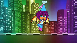 Size: 640x356 | Tagged: safe, artist:darlycatmake, smolder, dragon, g4, amazed, city, cityscape, clothes, cute, dragon wings, dragoness, dress, female, flying, froufrou glittery lacy outfit, gacha life, happy, hat, hennin, neon, princess, princess smolder, puffy sleeves, smolderbetes, wings