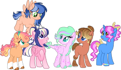 Size: 1707x982 | Tagged: safe, artist:rainbowrocksadopts, oc, oc only, unnamed oc, dracony, earth pony, hybrid, pegasus, pony, unicorn, amputee, bandana, bow, bracelet, coat markings, female, freckles, hair bow, interspecies offspring, jewelry, mare, offspring, parent:applejack, parent:big macintosh, parent:caramel, parent:flash sentry, parent:fluttershy, parent:pinkie pie, parent:pokey pierce, parent:rainbow dash, parent:rarity, parent:soarin', parent:spike, parent:twilight sparkle, parents:carajack, parents:flashlight, parents:fluttermac, parents:pokeypie, parents:soarindash, parents:sparity, prosthetic leg, prosthetic limb, prosthetics, simple background, smiling, socks (coat markings), tail, tail bow, tiara, tongue out, transparent background