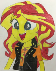 Size: 1280x1626 | Tagged: safe, artist:legobuilder100, sunset shimmer, human, equestria girls, g4, cute, happy, open mouth, shimmerbetes, solo, traditional art