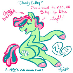 Size: 720x720 | Tagged: safe, artist:bythebrink, artist:littlegenius13, oc, oc only, oc:chatty cathy, earth pony, pony, 2014, earth pony oc, female, mare, simple background, sitting, solo, text, white background
