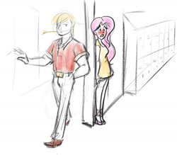 Size: 1152x1008 | Tagged: safe, artist:bythebrink, artist:littlegenius13, big macintosh, fluttershy, human, g4, blushing, blushing profusely, embarrassed, female, hiding, humanized, lockers, male, partial color, ship:fluttermac, shipping, sketch, straight, straw in mouth