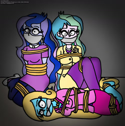 Size: 1280x1283 | Tagged: safe, artist:rdj1995, princess celestia, princess luna, principal celestia, oc, oc:shine, human, equestria girls, bondage, bound and gagged, cleave gag, cloth gag, gag, help us, over the nose gag, rope, ropes, tied up