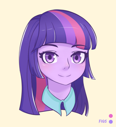 Size: 2324x2550 | Tagged: safe, artist:figs, twilight sparkle, human, equestria girls, g4, bust, eyebrows, eyebrows visible through hair, female, high res, humanized, looking at you, portrait, signature, simple background, smiling, smiling at you, solo, twilight sparkle (alicorn), yellow background