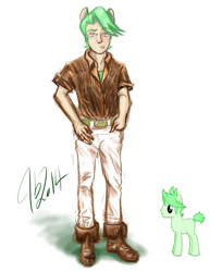 Size: 1280x1572 | Tagged: safe, artist:bythebrink, artist:littlegenius13, oc, oc only, earth pony, human, pony, 2014, boots, clothes, eared humanization, hand in pocket, humanized, looking up, male, pants, shoes, simple background, solo, stallion, white background