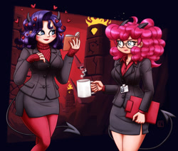 Size: 1280x1091 | Tagged: safe, artist:king-kakapo, pinkie pie, rarity, human, g4, asmodeus, book, breasts, busty pinkie pie, busty rarity, clipboard, clothes, coffee, coffee mug, commission, crossover, dress, duo, duo female, female, glasses, heart, heart eyes, helltaker, horns, humanized, modeus, mug, pandemonica (helltaker), side slit, tail, wingding eyes