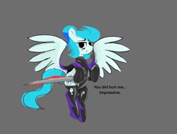 Size: 1399x1061 | Tagged: safe, artist:xdamny, oc, oc:piva storm, pegasus, pony, blood, flying, latex, shadowbolts, spread wings, sword, weapon, wings