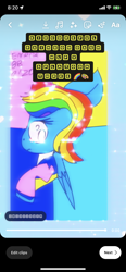 Size: 828x1792 | Tagged: safe, artist:enperry88, rainbow dash, pegasus, pony, g4, clothes, confused, crossover, female, low effort, mare, multicolored background, phone screen, rainbow background, raised hoof, shirt, splatoon 3, text, undershirt