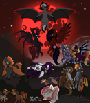Size: 2994x3438 | Tagged: safe, artist:maplefr0st, oc, bat pony, undead, vampire, vampony, artfight, complex background, lunar, moon, multiple characters, red, shading