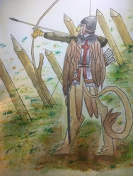 Size: 3024x4032 | Tagged: safe, artist:schwarz, oc, oc:zahnrad, griffon, age of empires, archer, archery, armor, british, long bow, sword, traditional art, watercolor painting, weapon
