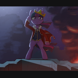 Size: 1920x1920 | Tagged: safe, artist:d3f4ult_4rt1st, twilight sparkle, pony, g4, bipedal, clothes, coat, cosplay, costume, crown, fallen kingdom, female, fire, jewelry, king, mare, mcyt, minecraft, moonlight, night, ponified, reference, regalia, sad, salute, solo, technoblade, wind