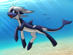 Size: 3000x2250 | Tagged: safe, artist:dash wang, oc, oc only, oc:toy joy, dolphin, orca, orca pony, original species, blue eyes, countershading, crepuscular rays, digital art, dorsal fin, female, fish tail, flowing mane, flowing tail, high res, mare, ocean, open mouth, open smile, signature, smiling, solo, sunlight, tail, teeth, underwater, water, white mane