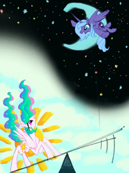 Size: 2624x3500 | Tagged: safe, artist:ja0822ck, princess celestia, princess luna, alicorn, pony, g4, duo, high res, moon, s1 luna, seesaw, sun