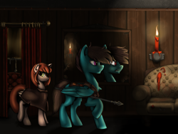 Size: 1600x1200 | Tagged: safe, artist:sugartanuki, oc, oc:summer, pegasus, pony, armor, brown mane, candle, candle wax, couch, cuffs, curtains, digital painting, drapes, fire, mirror, orange mane, painting, reflection, spear, weapon