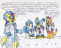 Size: 1024x804 | Tagged: safe, artist:jose-ramiro, gallus, sandbar, smolder, oc, oc:mira aura, dragon, earth pony, griffon, pony, wolf, anthro, g4, clothes, furry, furry oc, traditional art, uniform