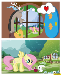 Size: 1255x1528 | Tagged: safe, artist:conikiblasu-fan, edit, edited screencap, screencap, angel bunny, discord, fluttershy, draconequus, pegasus, pony, rabbit, g4, animal, apple, female, food, heart, herbivore, house, implied discoshy, implied shipping, implied straight, looking out the window, male, mare, scene interpretation, signature, theme song, trio, window