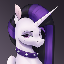 Size: 3561x3544 | Tagged: safe, artist:aquaticvibes, princess celestia, alicorn, pony, between dark and dawn, g4, bust, collar, eyebrows, female, frown, gray background, high res, looking at you, mare, portrait, punklestia, simple background, solo, spiked collar