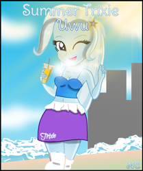 Size: 843x1009 | Tagged: safe, artist:nclolzzz, trixie, human, equestria girls, g4, base used, belly button, breasts, clothes, drink, female, midriff, one eye closed, open mouth, open smile, skirt, smiling, solo, sun, uwu