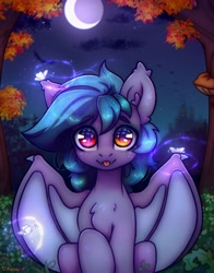 Size: 2414x3083 | Tagged: safe, artist:radioaxi, oc, oc only, oc:scrimmy, bat pony, butterfly, pony, :p, bat pony oc, crescent moon, fangs, high res, looking at you, moon, night, solo, stars, tongue out, tree