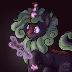 Size: 1500x1500 | Tagged: safe, artist:sursiq, oc, oc:sprig song, kirin, pony, genderfluid, kirin oc, magic, multicolored mane, open mouth, raised hoof, shading, solo, stick, telekinesis